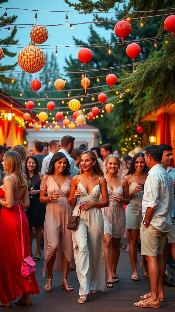 Stylish Christmas Party Outfits for Hot Weather Guests in stylish summer outfits at a Christmas party outdoors, surrounded by festive decorations.